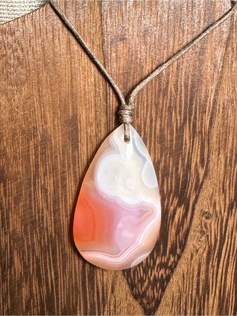 Coral Agate Teardrop Pendant Necklace on Thin Simple Tan Rope - Picture 9 of 14